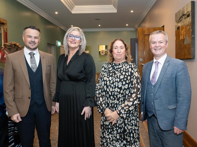 Brian Gardiner, Laura McCauley, Sandra Moffett and Malachi O'Neill at the Tip O'Neill Irish Diaspora Awards 2024 in Inishowen Gateway Hotel on Friday last. Photo Clive Wasson