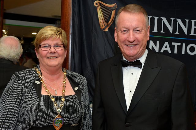 Deputy Mayor Angela Dobbins and City Centre Initiative manager Jim Roddy pictured at the City of Derry Rugby Club’s annual dinner on Friday evening last. Photo: George Sweeney. DER2310GS – 33