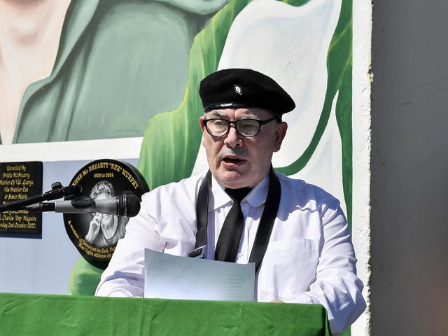 The Derry Comrades Roll of Honour is read at the 44th anniversary commemoration for IRA Volunteer George McBrearty held at the the Crann na Poblachta (Tree of the Republic) monument at Rinmore Drive in Creggan on Sunday afternoon. Photo: George Sweeney