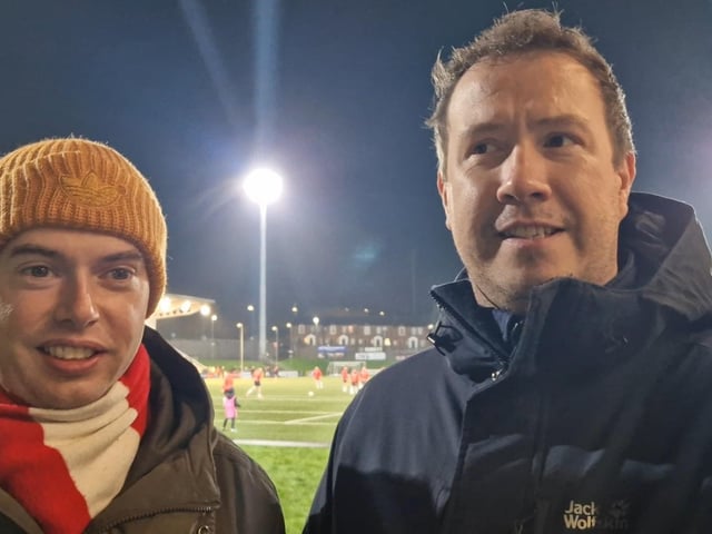 Derry City fans Jay Mallon and Danny Friel at Brandywell on Friday night.