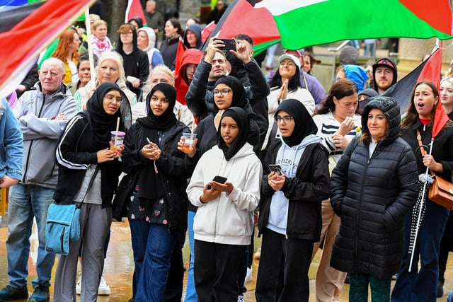 Crowds gather in Guildhall Square, on Thursday afternoon, to hear Palestinian photojournalist Motaz Azaiza.  Photo: George Sweeney