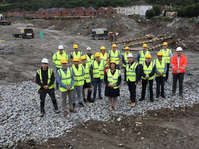 Mayor Patricia Logue with representatives of McKelvey Construction Ltd. (contractors), Gregory Architects, Derry City & Strabane District Council officers, and stakeholders, at the commencement of work for the Daisyfield Sports Hub. (Photo - Tom Heaney, nwpresspics)
