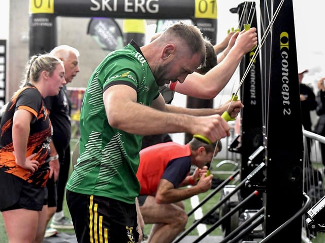 Competitors during the 1,000m Ski erg station during the Maiden City Hyrox V Fitness Challenge held at Sean Dolans GAC on Saturday. Photograph: George Sweeney
