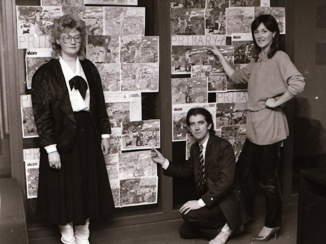Gerry Anderson and others judging a children;s art comeptition at Radio Foyle.