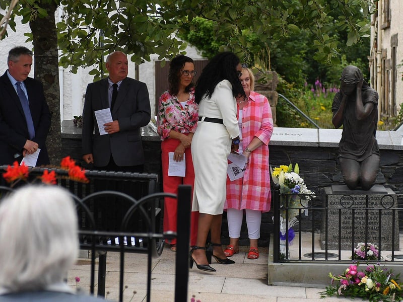 Mayor Lilian Seenoi Barr greets relatives of those killed and injured in the Claudy car bombing on 31 July 1972 at the unveiling of the newly-refurbished memorial on Wednesday evening. Photo: George Sweeney