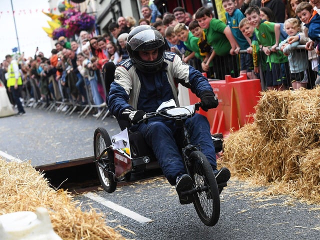 Competitor takes part in the Soap Box Derby run, held in Carndonagh, on Saturday afternoon. Photo: George Sweeney