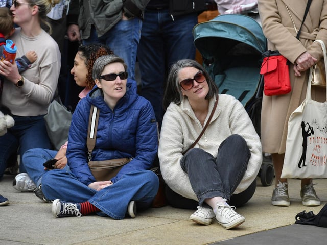People gather in Guildhall Square for the live music during the City of Derry Jazz Festival.  Photo: George Sweeney