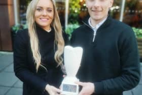 Ruth Gorman, chairwoman of the Northern Ireland Football Writers’ Association presents Cliftonville's Ryan Curran with November's Dream Spanish Homes Player of the Month award.