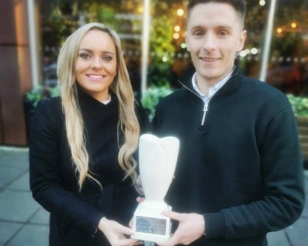 Ruth Gorman, chairwoman of the Northern Ireland Football Writers’ Association presents Cliftonville's Ryan Curran with November's Dream Spanish Homes Player of the Month award.