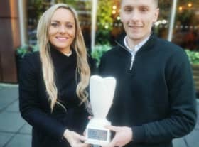 Ruth Gorman, chairwoman of the Northern Ireland Football Writers’ Association presents Cliftonville's Ryan Curran with November's Dream Spanish Homes Player of the Month award.