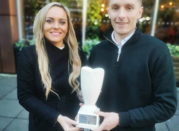 Ruth Gorman, chairwoman of the Northern Ireland Football Writers’ Association presents Cliftonville's Ryan Curran with November's Dream Spanish Homes Player of the Month award.