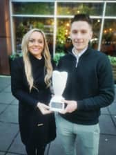Ruth Gorman, chairwoman of the Northern Ireland Football Writers’ Association presents Cliftonville's Ryan Curran with November's Dream Spanish Homes Player of the Month award.