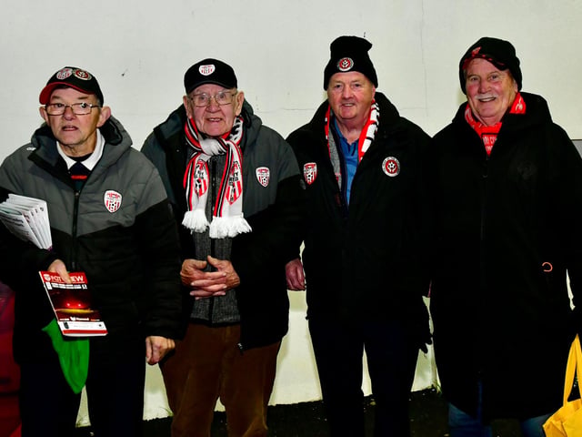 Members of Pride of Northside Supporters Club watch on from the stands as Derry City clinch a morale boosting win over Pat's.