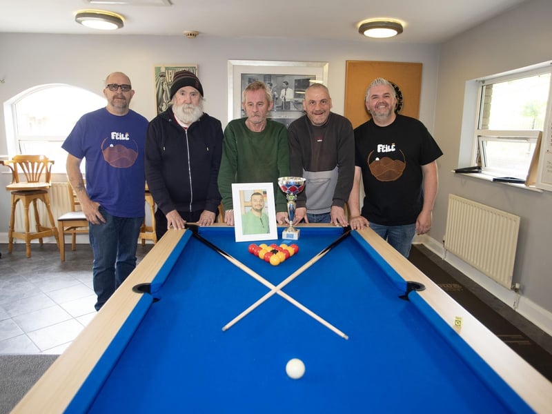 MEMORIAL SNOOKER COMPETITION. . . .All set for the BJ McVeigh Memorial Pool Competition at The House in the Wells on Tuesday afternoon. The event is part of this year's Féile 24. Included from left are Andy Bonner, Raymond McCrystal, Michael Box, Sean Bradley and Paddy Downey. (Photos: Jim McCafferty Photography)