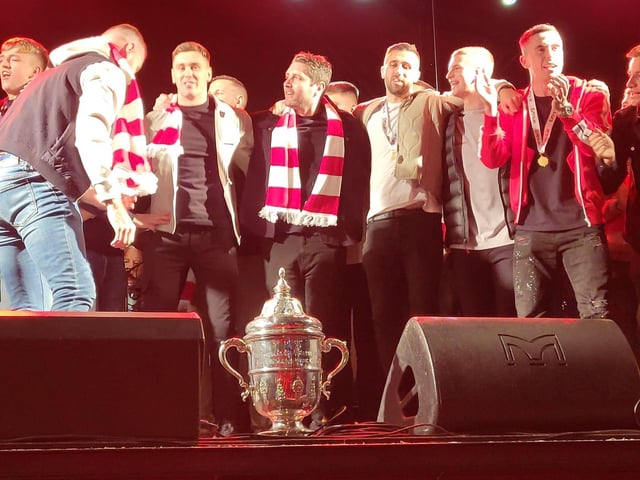 Derry City players' huge welcome home to the Guildhall Square after their FAI Cup Final win.