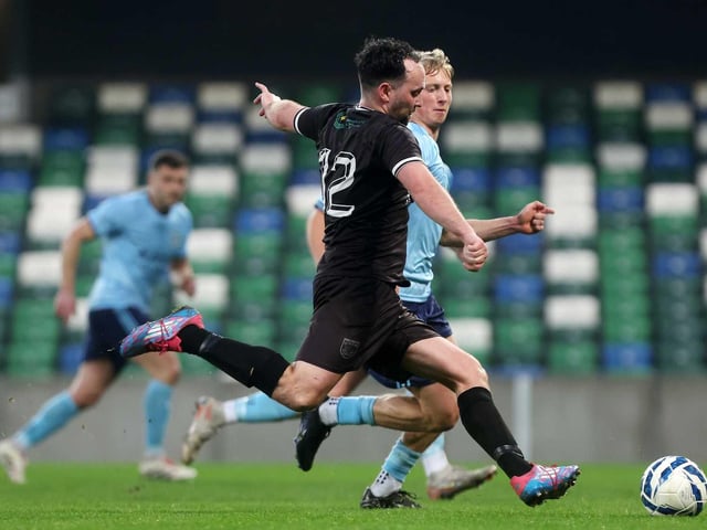 Ardmore's Darren Crossan shoot for goal during Friday's fonaCAB Craig Stanfield Irish Junior Cup final at Windsor Park. (Photo: IFA)