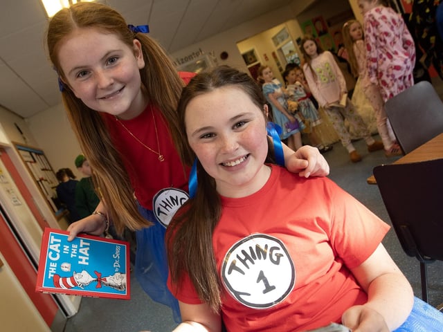 'A THING ABOUT READING!' . . . .Ava O'Donnell and Emily Farren getting in some reading during Thursday's World Book Day celebrations at Hollybush PS.