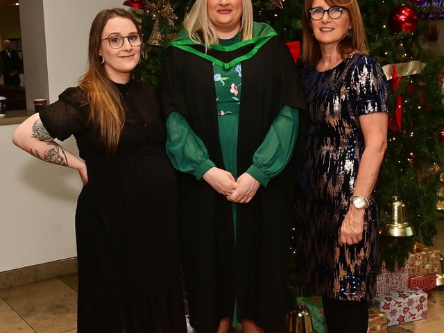 Pacemaker Press 13/12/22Claire McCorkell from Strabane   with  family Jennifer (Left) and Rosie (right) ,Who graduated in Nursing at the Ulster University graduation in the Millennium Forum in Derry on Tuesday.Pic  Pacemaker:.