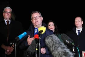 DUP leader Sir Jeffrey Donaldson pictured at Hillsborough Castle, Co. Down, with party colleagues Gavin Robinson, Emma Little Pengelly and Gordon Lyons last week. Picture by Jonathan Porter/PressEye