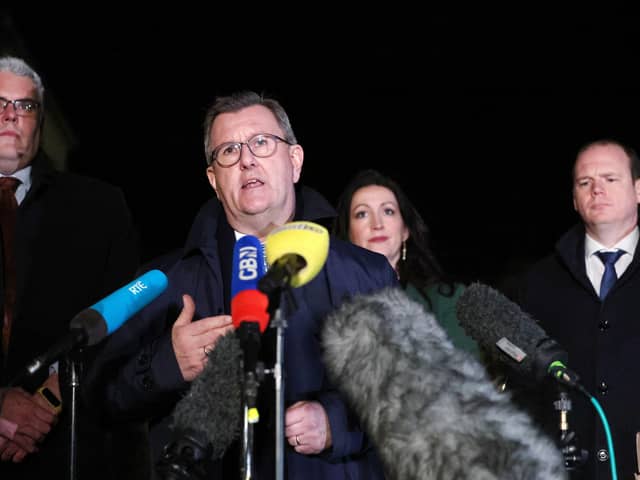 DUP leader Sir Jeffrey Donaldson pictured at Hillsborough Castle, Co. Down, with party colleagues Gavin Robinson, Emma Little Pengelly and Gordon Lyons last week. Picture by Jonathan Porter/PressEye