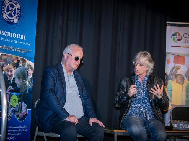 'FORGIVE ME IF I FORGIVE YOU' . . . . . .Damien Gorman in conversation with Richard Moore before Monday's Inaugural Children in Crossfire Peacebuilding Lecture in Rosemount Primary School.