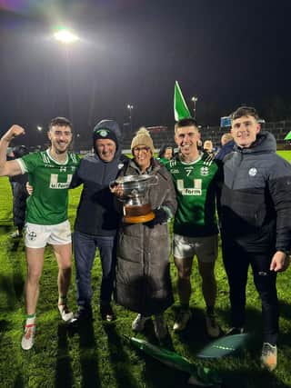 (From left) Shane, Hugh, Louise, Conor and Padraig McGrogan celebrate Newbridge's Derry Senior Championship victory over Glen on Sunday.