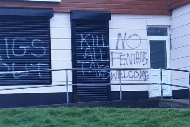 The graffiti which appeared at the Tullyally shops overnight.