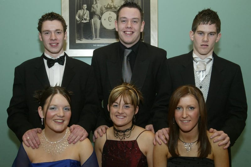 Keeley Brogan, Louise McElroy and Katrina Barr with Peter McKinney, Daniel Potts and James Hamilton. Attendees at the formal in Strabane in April 2004