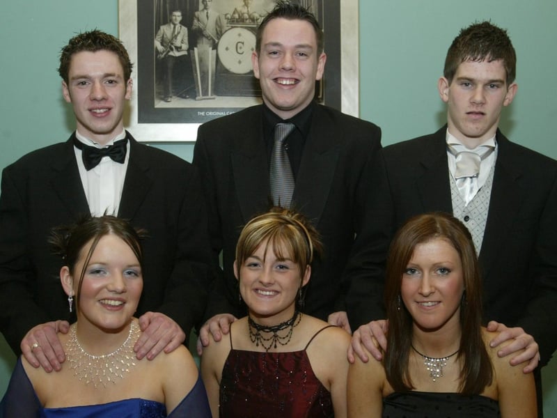 Keeley Brogan, Louise McElroy and Katrina Barr with Peter McKinney, Daniel Potts and James Hamilton. Attendees at the formal in Strabane in April 2004