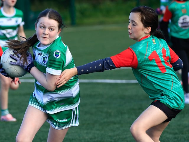 Action from the U9 Girls’ GAA blitz held at the Waterside Shared Village Centre on Friday night. (Photo - Tom Heaney, nwpresspics)