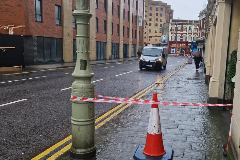 Great James Street has been closed due to fears over loose roof tiles.