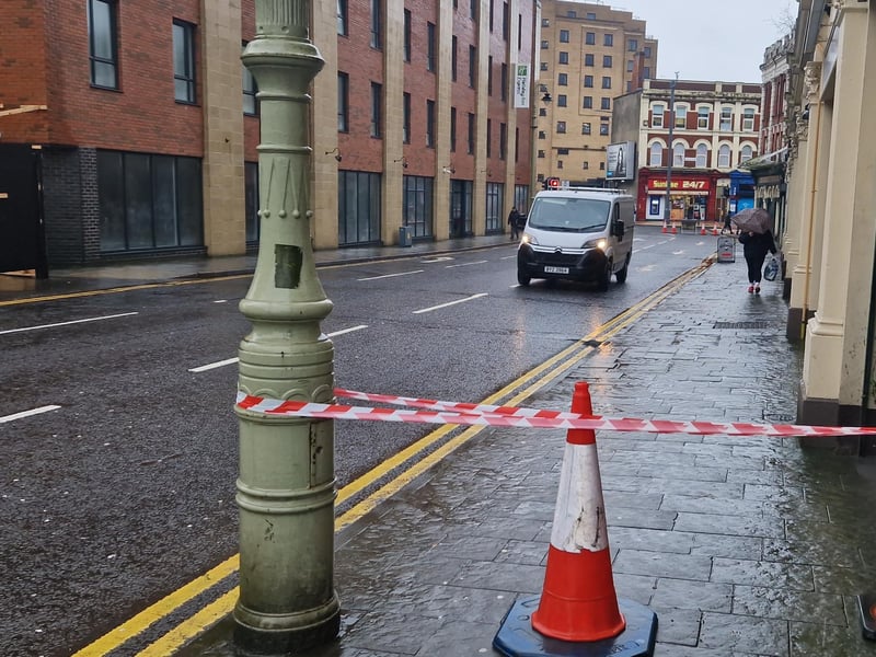 Great James Street has been closed due to fears over loose roof tiles.