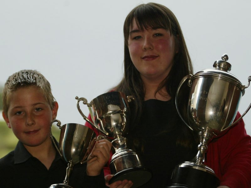 Shaun and Louise McDaid who won Speech and Drama competitions at Moville Feis. Shaun won the Boys open 10 - 12 yrs and Louise won the open 12 - 15 yrs and also the Bord Iascaigh Mhara Cu-p for Best overall. They are students of the Keegan Academy of Speech and Drama. (1305JB06)
