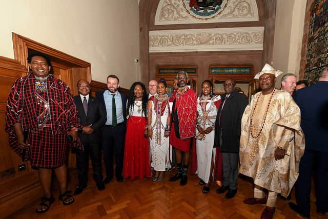 SDLP Colr Lilian Seenoi-Barr, newly elected mayor of Derry and Strabane, pictured with the High Commissioner to the UK, Ambassador Manoah Esipisu, SDLP leader Colum Eastwood MP, her husband Patrick and a delegation of leaders from Kenya. Photo: George Sweeney.