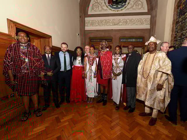 SDLP Colr Lilian Seenoi-Barr, newly elected mayor of Derry and Strabane, pictured with the High Commissioner to the UK, Ambassador Manoah Esipisu, SDLP leader Colum Eastwood MP, her husband Patrick and a delegation of leaders from Kenya. Photo: George Sweeney.
