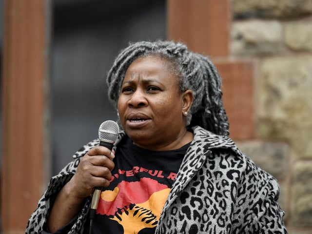 Beverly Simpson, UNISON, speaking at the Celebration of Migrant Workers rally held in Guildhall Square on Sunday afternoon. Photo: George Sweeney
