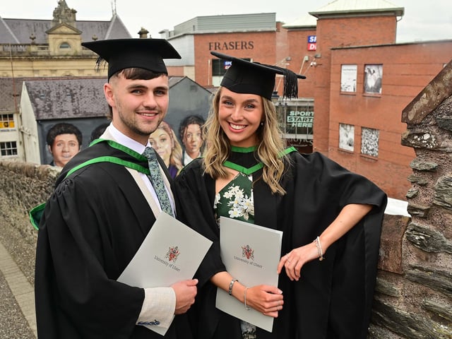 We did it! Ulster University Derry students Eve Daly and Oran Eccles graduating in BSc (Hons) Physiotherapy.