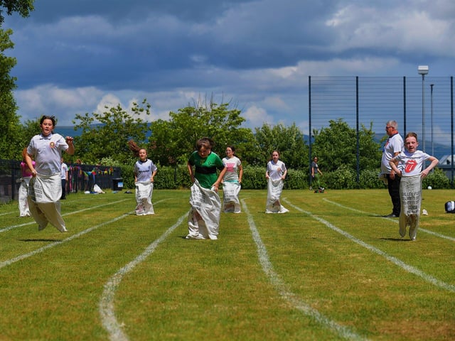 Sack race underway at the Holy Child Primary School sports day held on Monday last. Photo: George Sweeney. DER2325GS – 001