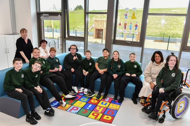 8C pupils and staff at the newly opened Ardnashee School and College Northland Academy, on Northland Road, on Monday morning. Photo: George Sweeney