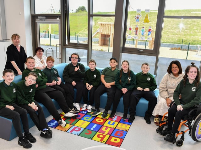 8C pupils and staff at the newly opened Ardnashee School and College Northland Academy, on Northland Road, on Monday morning.  Photo: George Sweeney