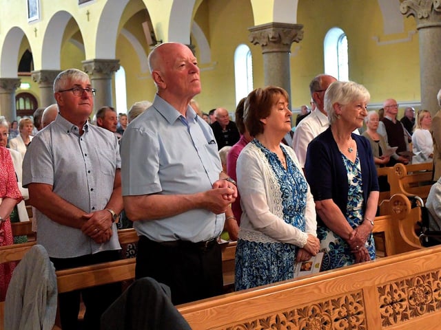 Parishioners attend a Mass to celebrate Father Con McLaughlin’s Golden Jubilee at the Church of the Sacred Heart, Carndonagh, on Saturday evening. Photo: George Sweeney. DER2323GS – 162