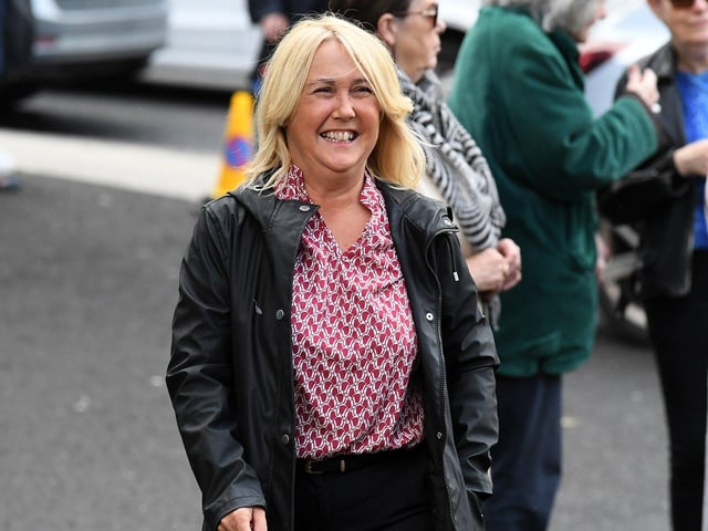 Ciara Ferguson MLA arrives for the Requiem Mass at the Long Tower Church for journalist and activist Nell McCafferty on Friday afternoon.  Photo: George Sweeney