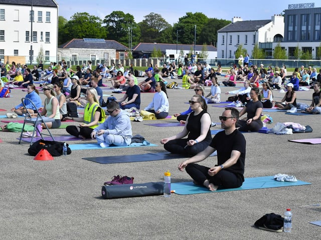 There was a large turnout, in Ebrington Square on Saturday morning, for the Northlands Well Being Yoga event lead by John Bell. The event was part of the Northlands 50th Anniversary Celebrations. Photo: George Sweeney