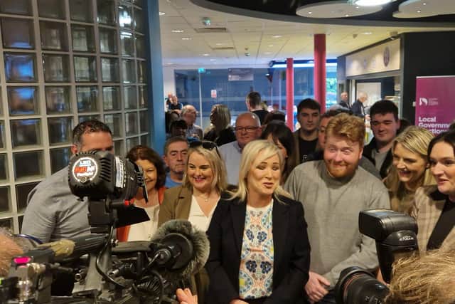 Sinn Féin leader in the north Michelle O'Neill speaking to the media at Foyle Arena.