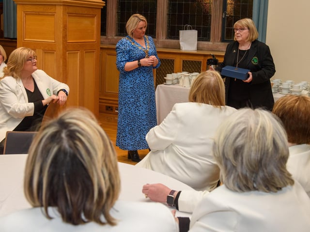 The Mayor Councillor Sandra Duffy welcomed the members of Colmcille Ladies Choir to a reception in the Guildhall as they mark their 50th Anniversary. Picture Martin McKeown. 20.01.23:.