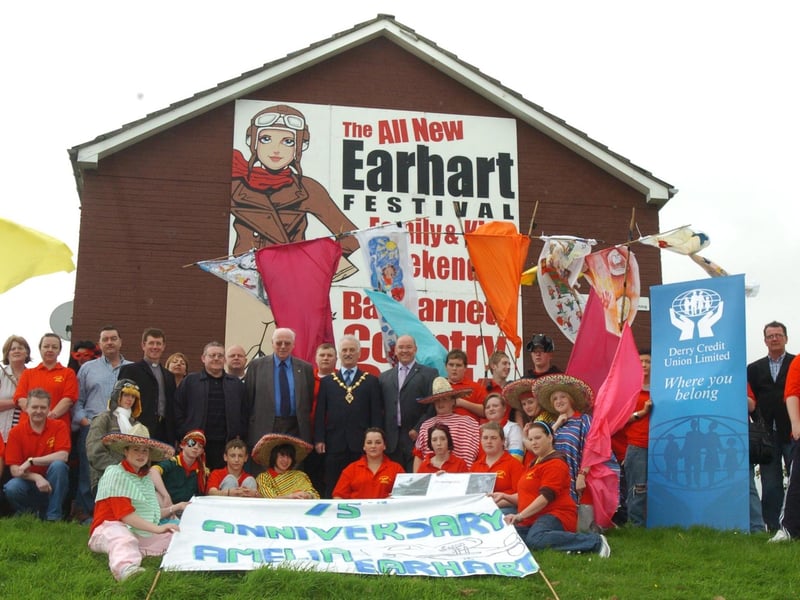 The Mayor of Derry Alderman Drew Thompson and Red Shirts from Greater Shantallow Active Citizenship Project launch the very first Earhart Festival on the 11th and 12th of August at Ballyarnett Country Park, a two day event of family orientated fun, games and spectacular events especially aimed at kids. Included, from fourth left, are Father Stephen McLaughlin, Councillor Tony Hasson, and Con McAlister and Gerry McMonagle from Derry Credit Union sponsorship committee. (0708PG02)