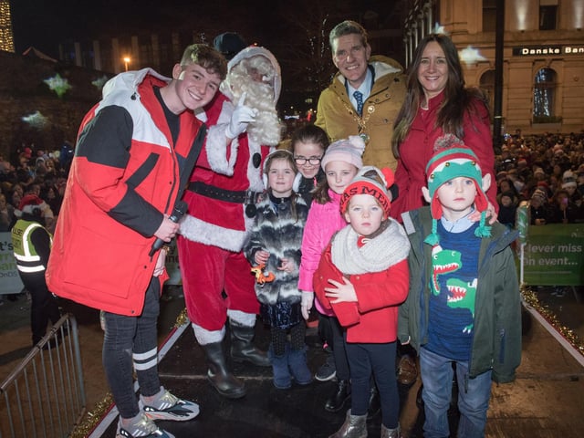 The Mayor Councillor John Boyle and Adam B at Christmas Lights switch with Santa and some of their invited guests. Picture Martin McKeown. Inpresspics.com. 22.11.18