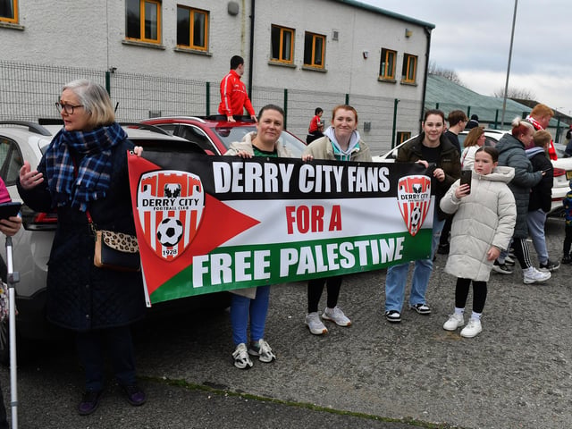 Derry City fans at the Brandywell Stadium on Saturday morning prior to the team’s departure for Dublin ahead of Sunday’s FAI Cup Final against Drogheda United. Photograph: George Sweeney