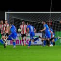 The Derry City defence react after Padraig Amond doubles Waterford's lead in the second half. Photographs by Kevin Moore/MCIphoto