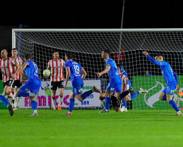 The Derry City defence react after Padraig Amond doubles Waterford's lead in the second half. Photographs by Kevin Moore/MCIphoto